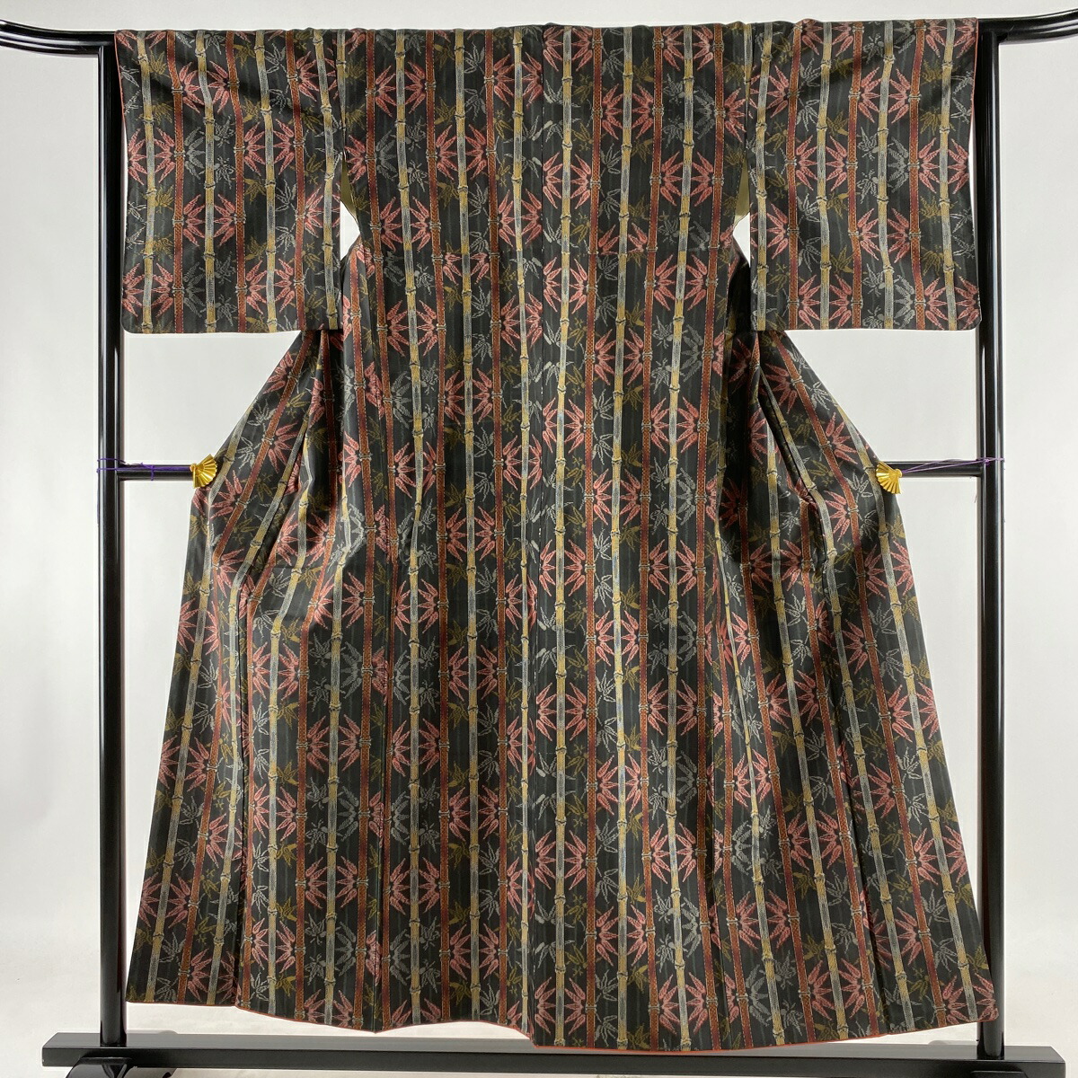 紬 優品 竹 墨色 袷 154cm 63cm S 正絹 【中古】