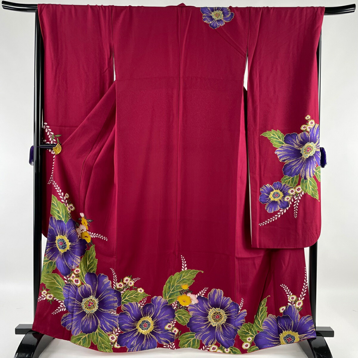 振袖 美品 名品 草花 金糸 金彩 えんじ色 袷 163cm 69cm L 正絹 【中古】