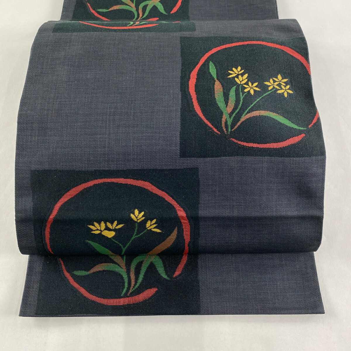 袋帯 美品 名品 落款あり 木屋太 草花 市松 墨色 六通 正絹 【中古】
