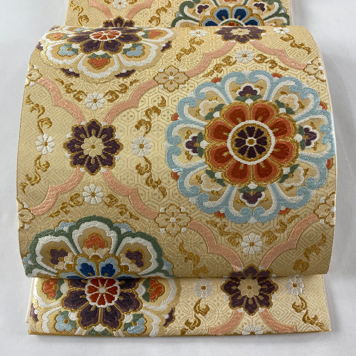 市場 袋帯 美品 落款あり 河合美術織物 逸品 華文 草花
