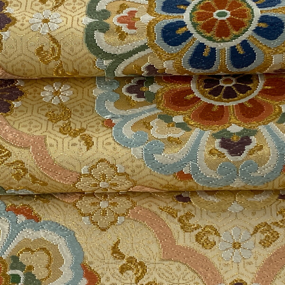市場 袋帯 美品 落款あり 河合美術織物 逸品 華文 草花