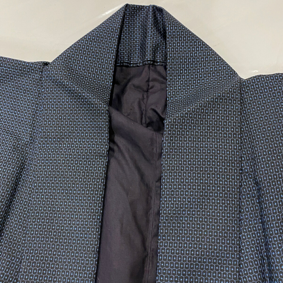 男着物美品優品アンサンブル紬亀甲絣紺色袷137cm67cmS正絹【中古】