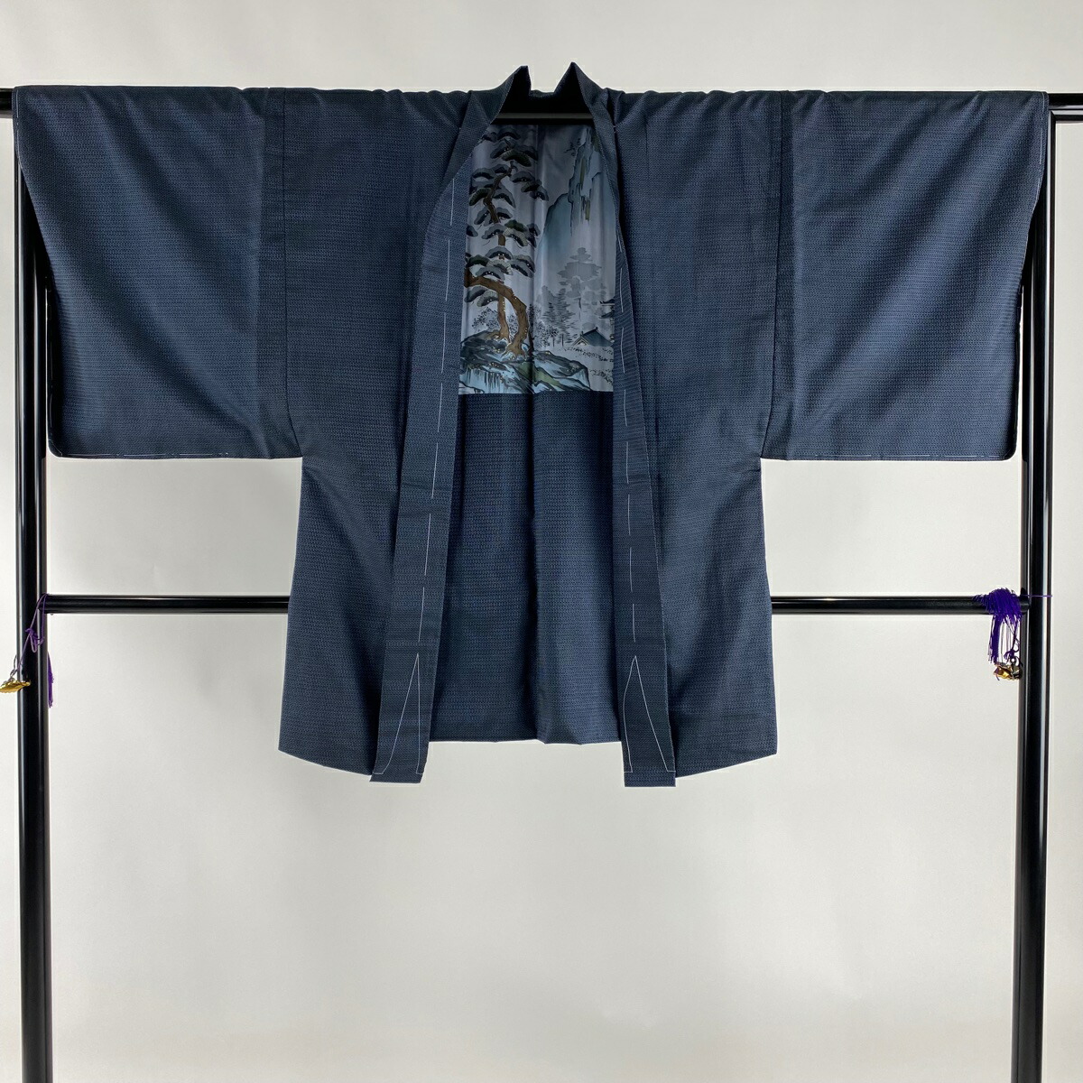 男着物美品優品アンサンブル紬亀甲絣紺色袷137cm67cmS正絹【中古】