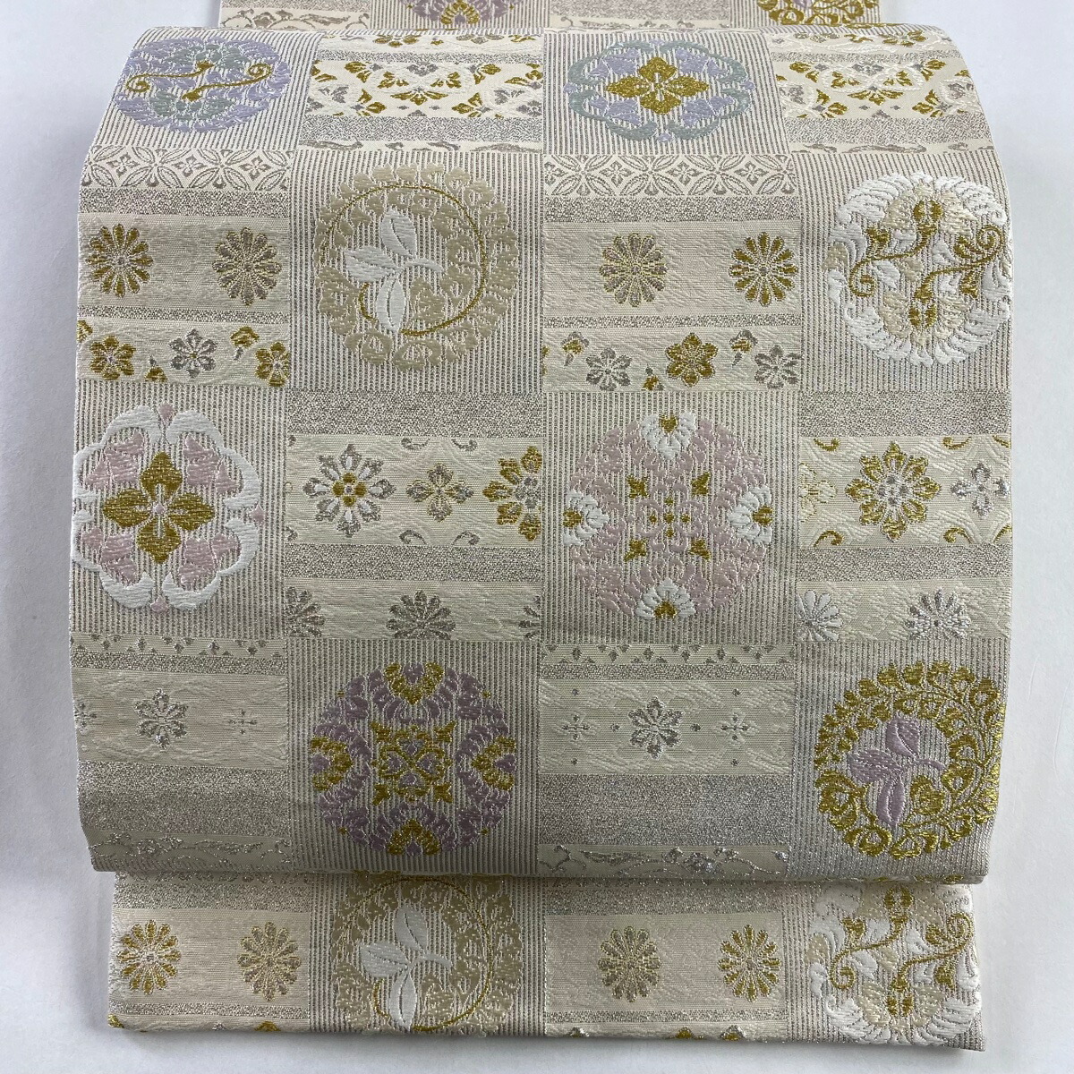 袋帯 美品 名品 華文 草花 金銀糸 クリーム 六通 正絹