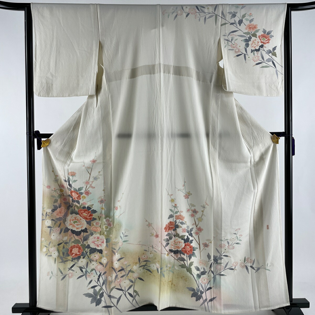 訪問着 秀品 落款あり 草花 枝花 金彩 ぼかし クリーム 単衣 158.5cm 65cm M 正絹