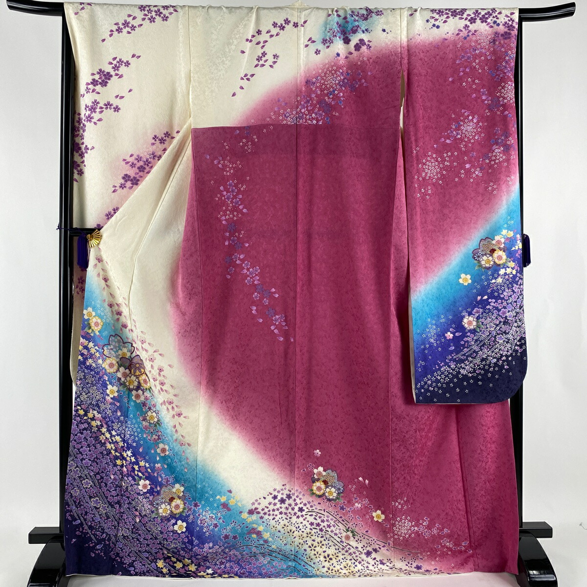 振袖 美品 名品 桜 花びら 金彩 ぼかし クリーム 袷 170.5cm 70.5cm L 正絹