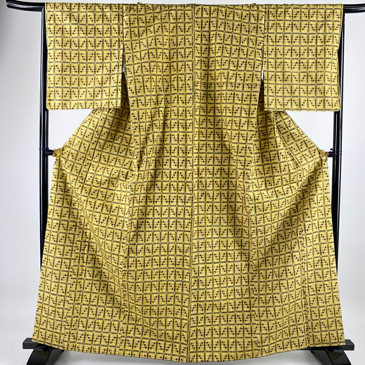 紬 美品 逸品 証紙あり 琉球本染絣 格子 絣 からし色 袷 身丈165cm 裄丈65cm M 正絹