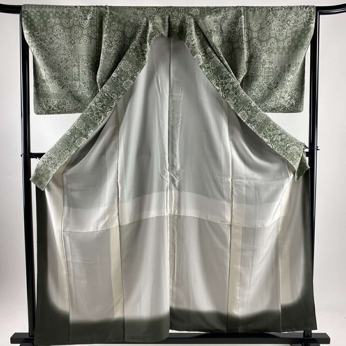 小紋美品名品草花蜀江文紋意匠緑袷160cm66.5cmM正絹【中古】