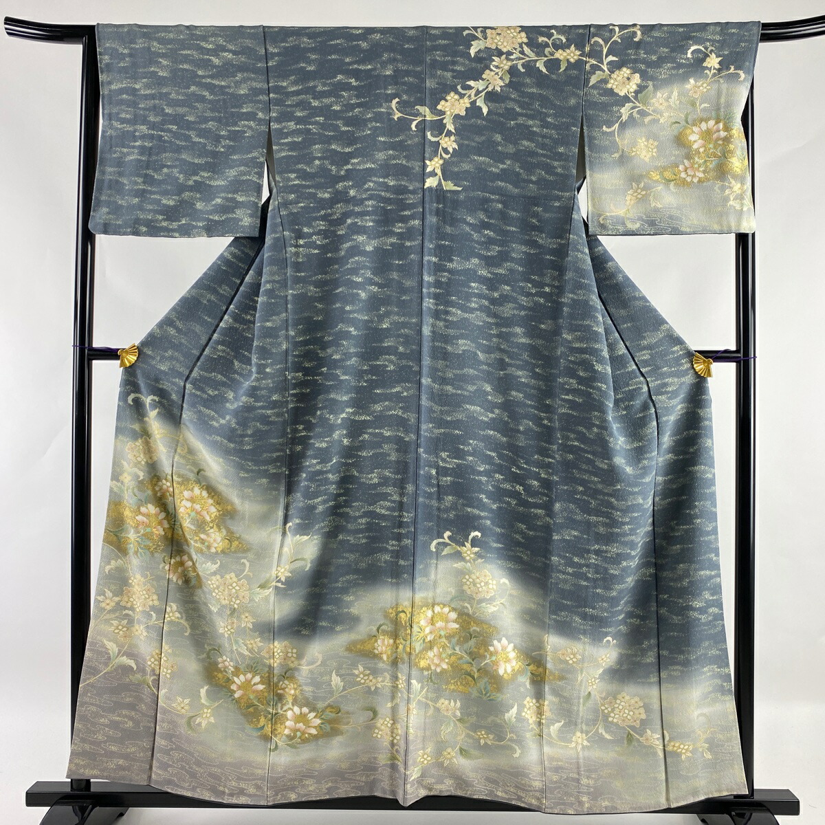 何でも揃う M 金糸 訪問着 158cm 名品 正絹 66.5cm 美品 金彩 袷 流水 草花 灰緑 和服