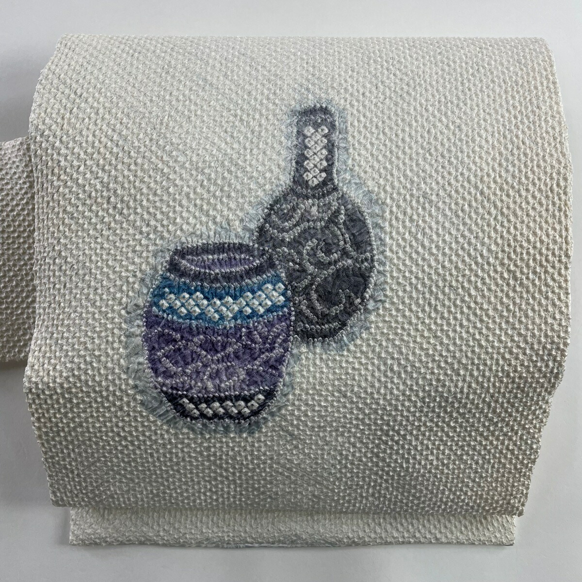 名古屋帯 名品 器物 総絞り 灰白 正絹