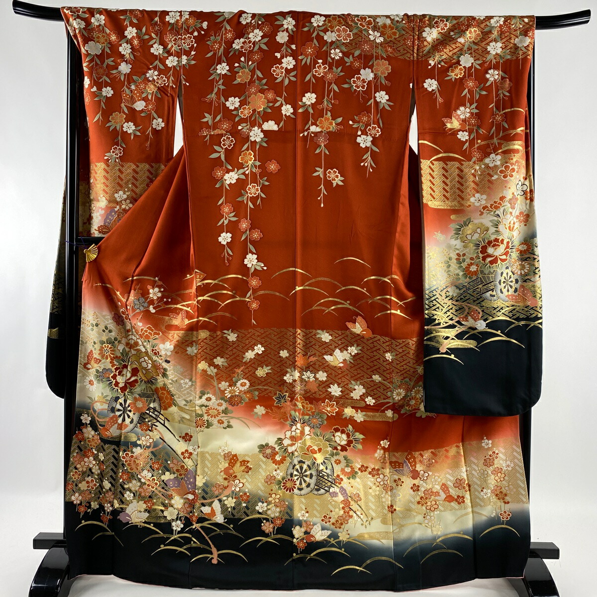 振袖 美品 名品 鈴乃屋 花車 蝶 金彩 ぼかし 朱色 袷 168.5cm 69cm L 正絹