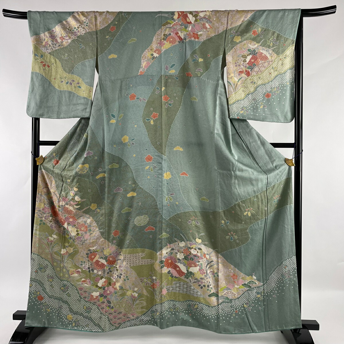 訪問着 名品 花車 鴛鴦 絞り 金彩 薄緑 袷 身丈163.5cm 裄丈67cm M 正絹 国際ブランド