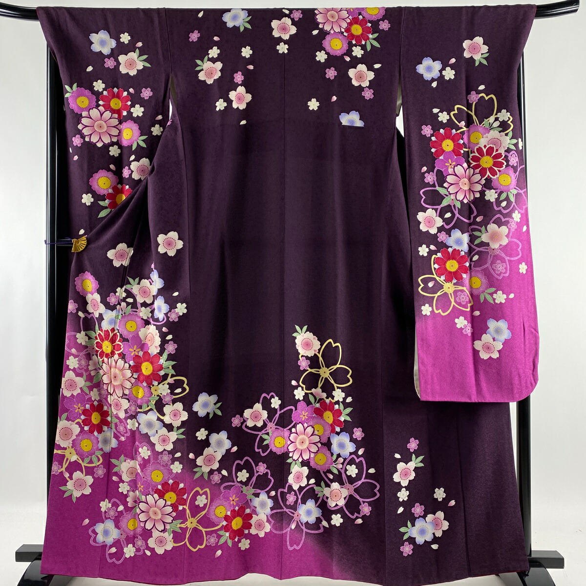 振袖 美品 名品 桜 草花 金糸 金彩 茶紫 袷 165cm 69.5cm L 正絹 特別セーフ