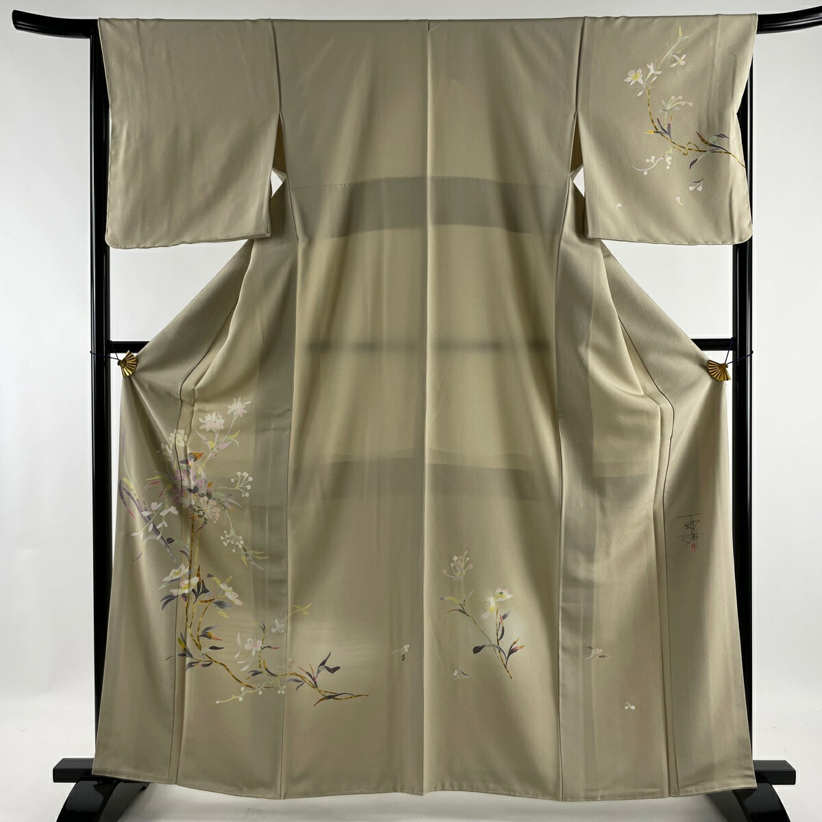 付下げ 美品 名品 落款あり 百貫石峰 草花 霞 ぼかし ベージュ 袷 165cm 65cm M 正絹