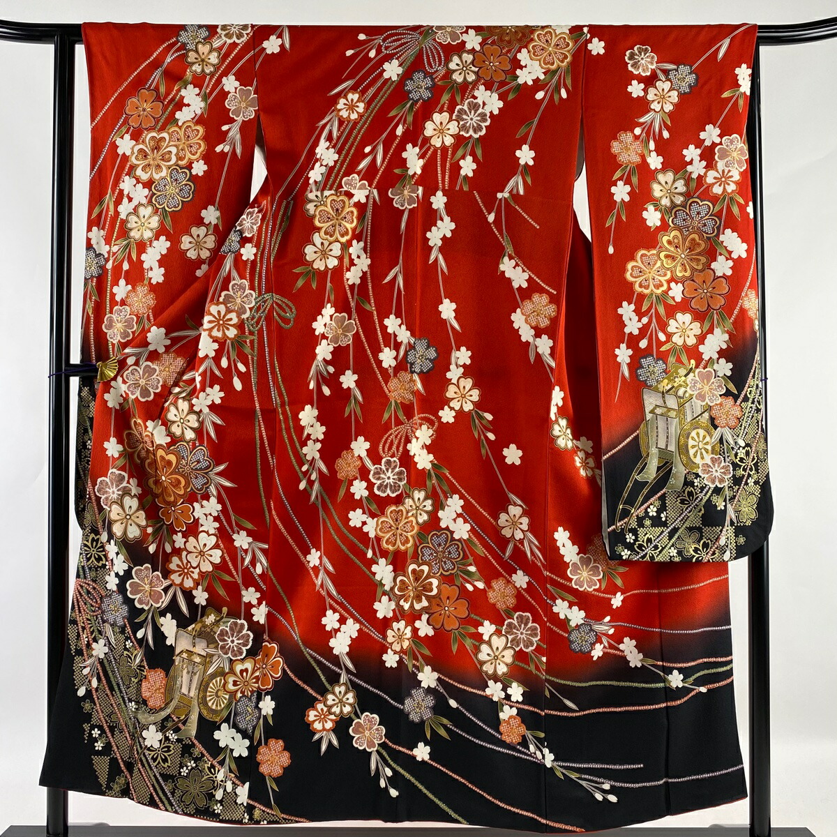振袖 秀品 御所車 枝垂れ桜 金彩 染め分け 赤 袷 154cm 62.5cm S 正絹