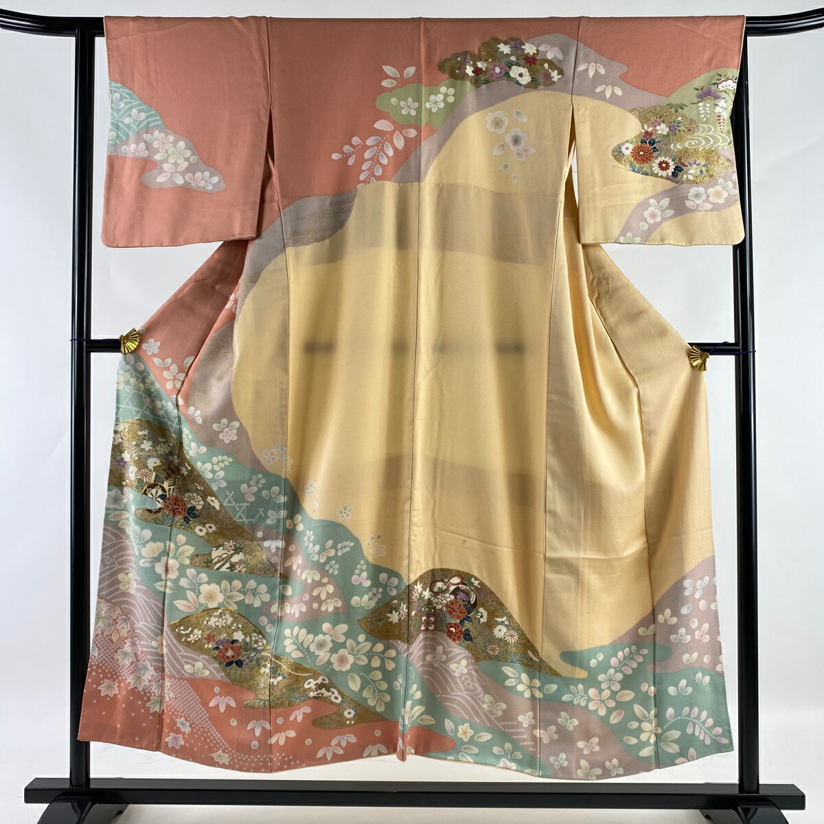 訪問着 名品 御所車 草花 金糸 金銀彩 ピンク 袷 身丈152cm 裄丈64cm M 正絹 【SALE／91%OFF】