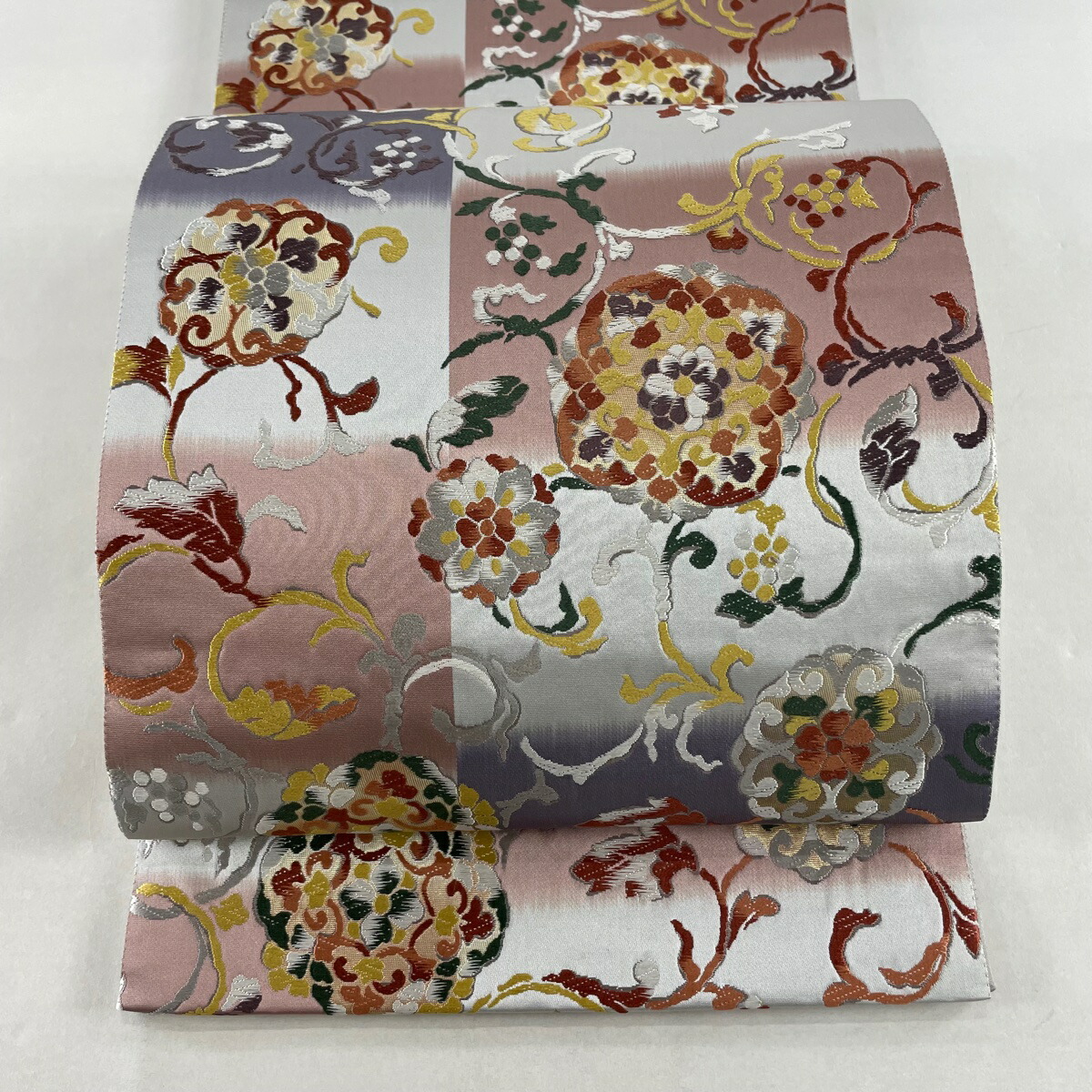 袋帯 美品 名品 華文 葉と実 箔 唐織 灰色 六通 正絹