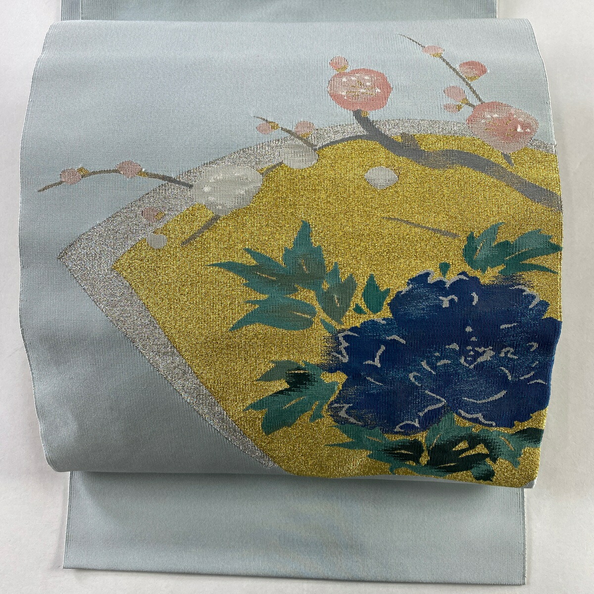 名古屋帯 秀品 八寸名古屋帯 松葉仕立て 扇面 牡丹 金銀糸 青灰色 正絹