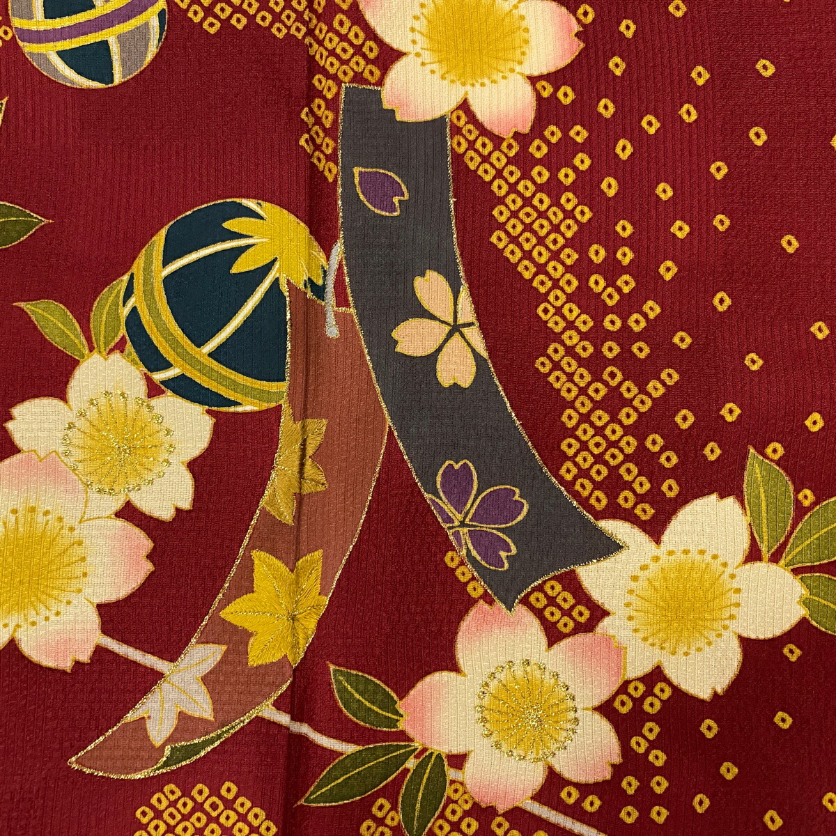 振袖秀品ますいわや桜短冊箔刺繍えんじ色袷161cm68cmL正絹【中古】