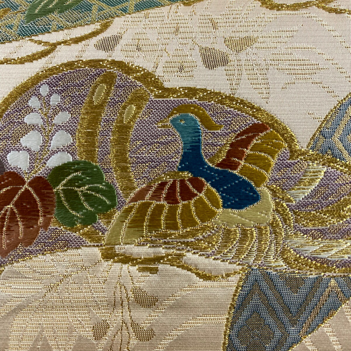 袋帯 秀品 笠松 六通 金糸 花鳥 ピンクベージュ 唐織 正絹 和服 