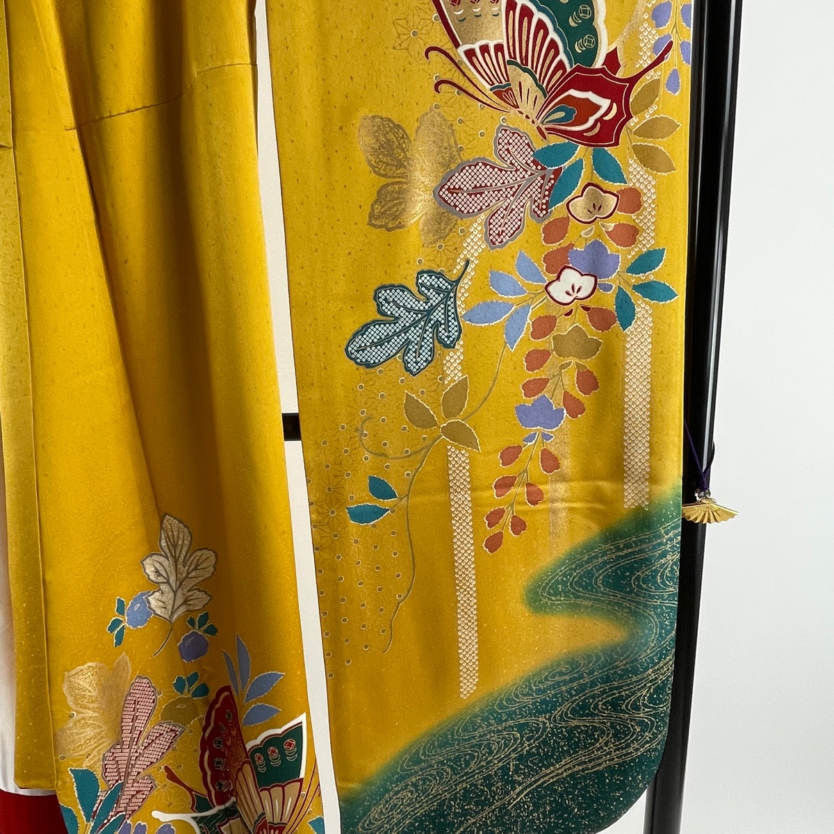 振袖 美品 名品 蝶 流水 金彩 染分け 山吹色 袷 身丈160cm 裄丈66cm M