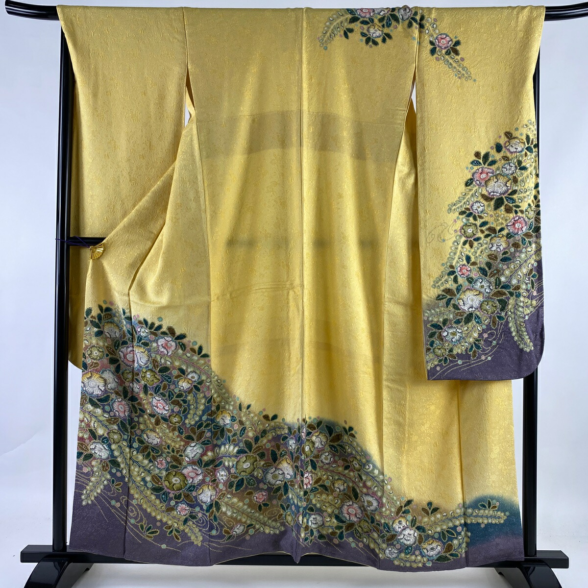 訪問着 美品 秀品 ぼかし 一つ紋 正絹 青灰色 染め分け 袷 桜の花びら 