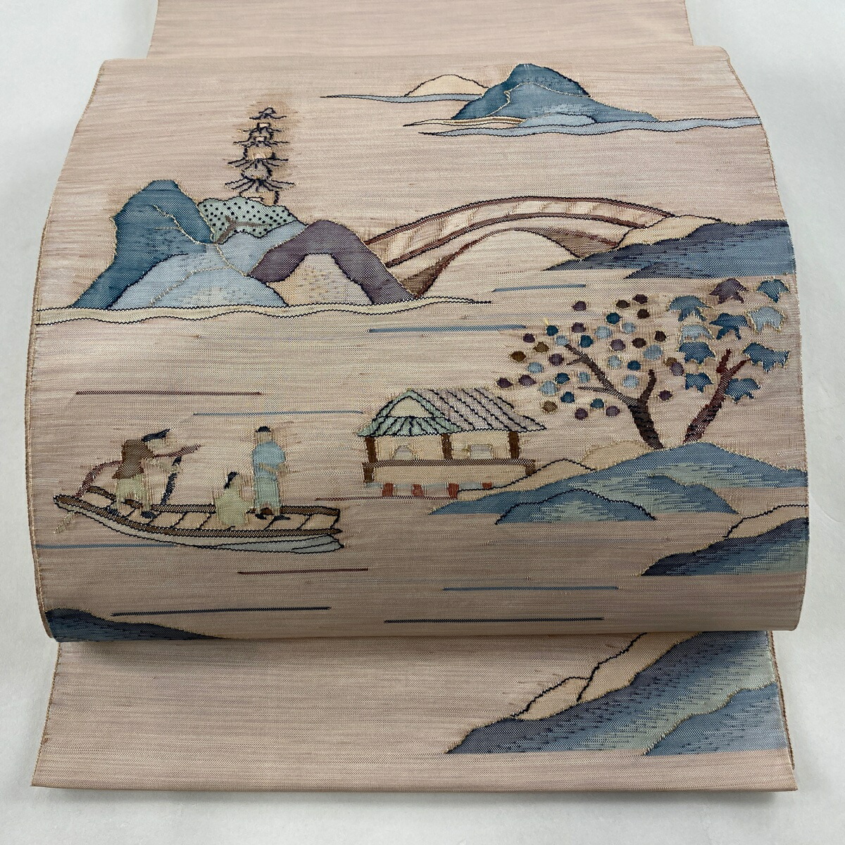 帯 袋帯 名品 風景 舟 金糸 薄紫 お太鼓柄 正絹 中古 バイセル 楽天市場店