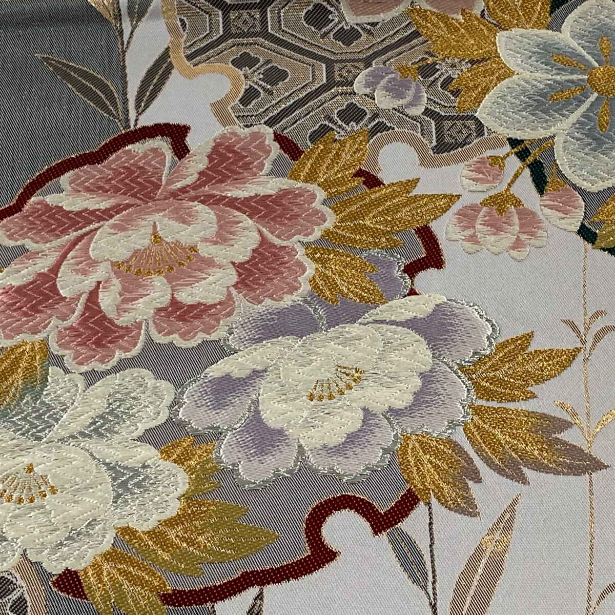 袋帯 美品 名品 全通 雪輪 草花 灰紫 金銀糸 箔 正絹 和服 