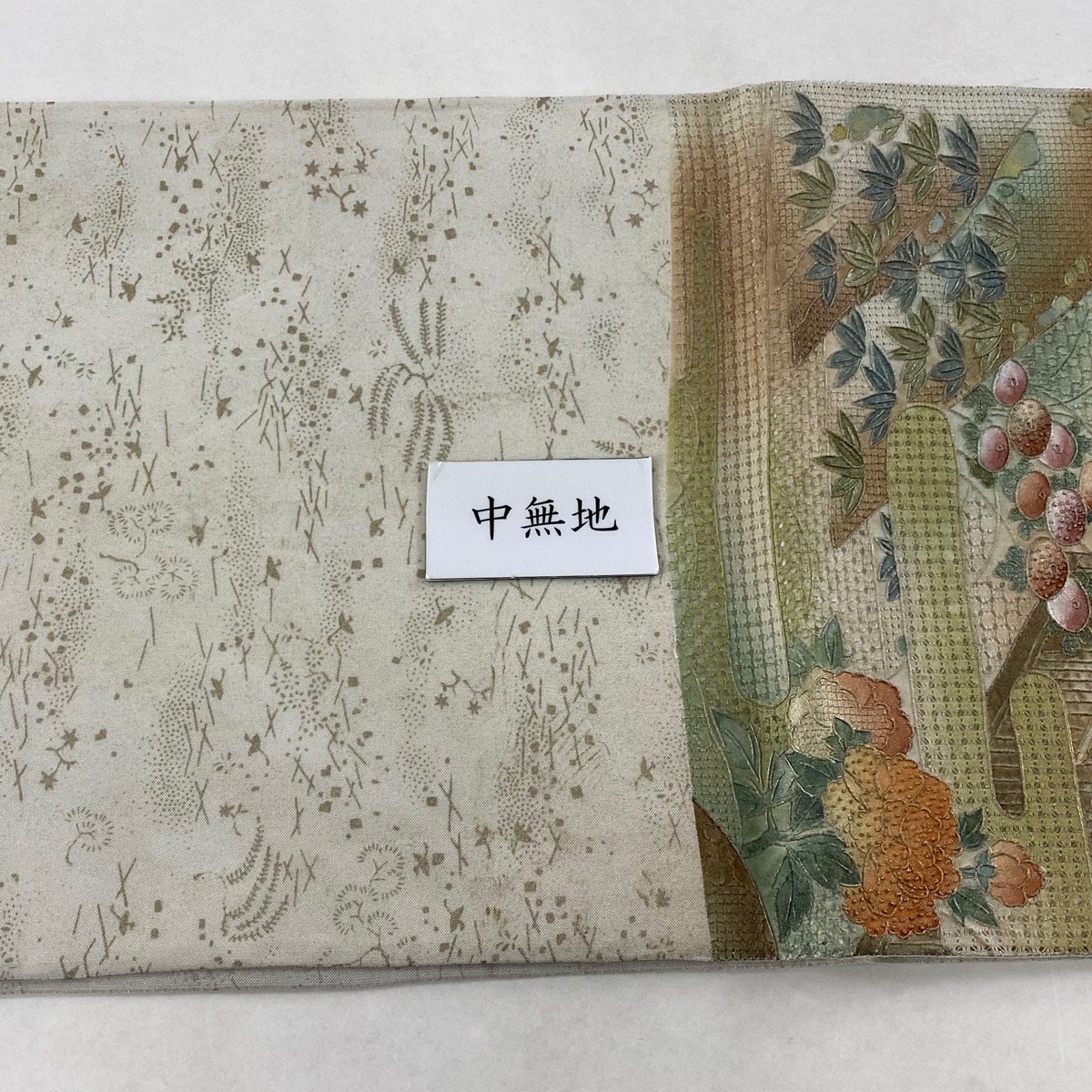 特価ブランド 逸品 袋帯 汕頭刺繍 有織文様 地紋 小花 藤色 逸品 地紋