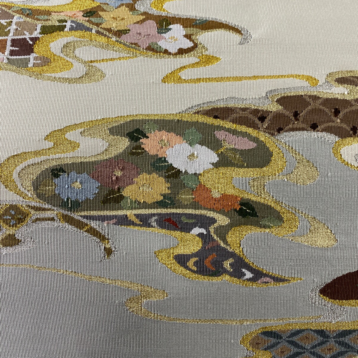 名古屋帯 美品 名品 松葉仕立て クリーム 草花 金銀糸 流水 八寸名古屋 ...
