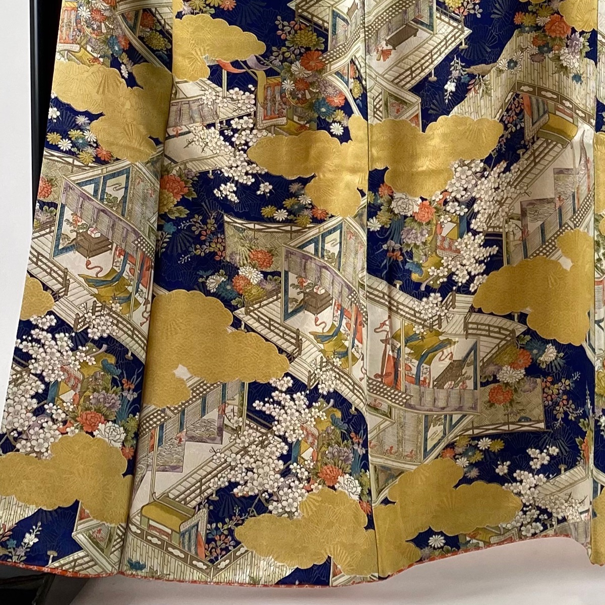 振袖 美品 秀品 袷 身丈160cm 草花 M 紺色 建物 裄丈67cm 金糸 正絹