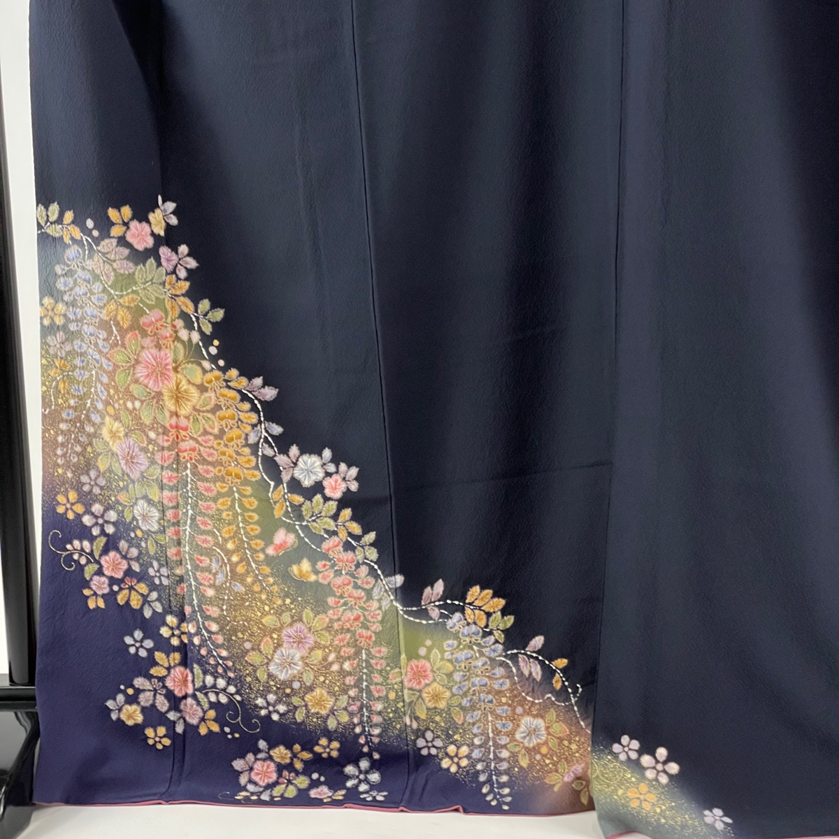 付下げ 名品 落款あり 翠山工房 辻が花 金彩 縮緬 濃紺 袷 身丈173cm L