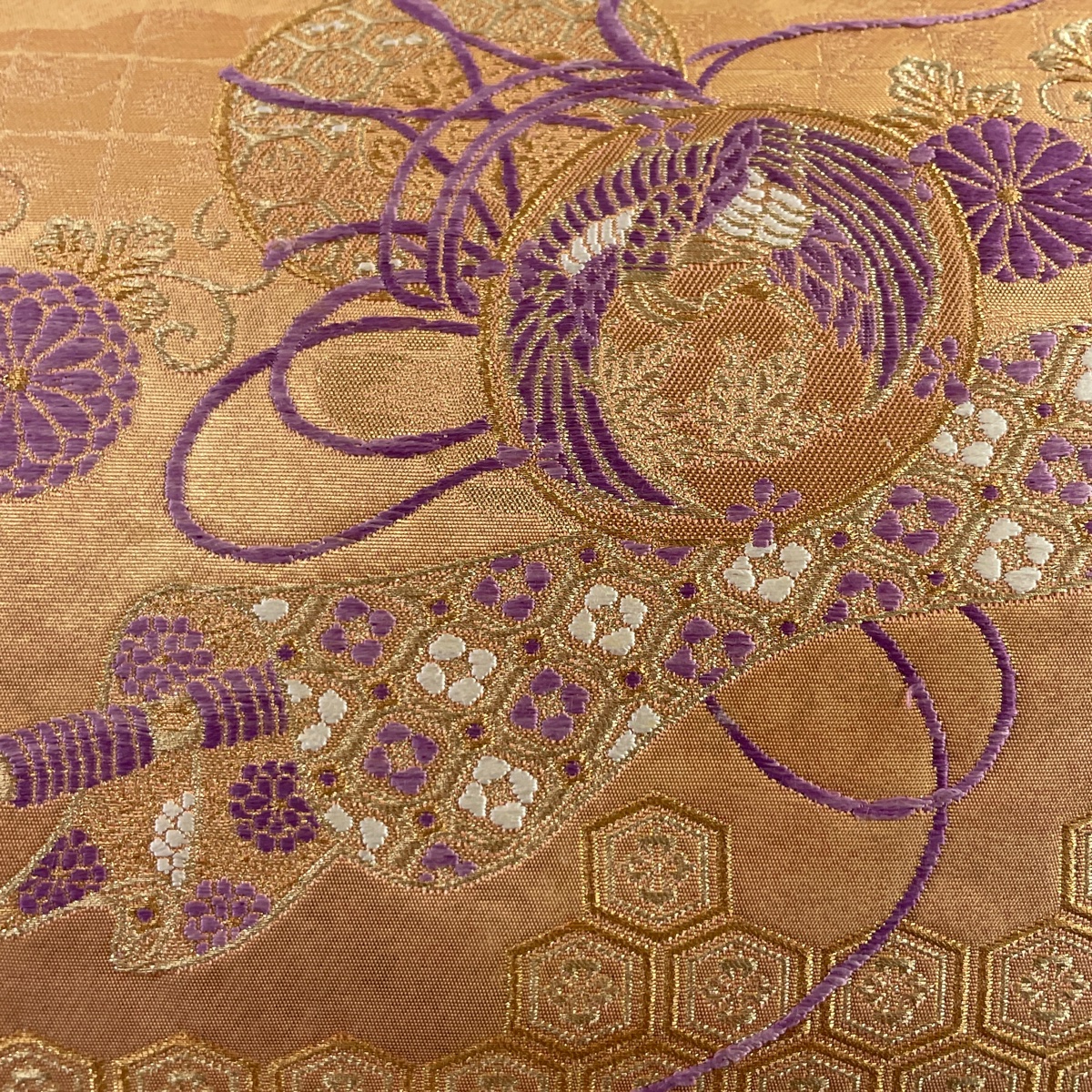 袋帯 美品 名品 帝王紫 和楽器 落款あり 菊 箔 金色 じゅらく 正絹