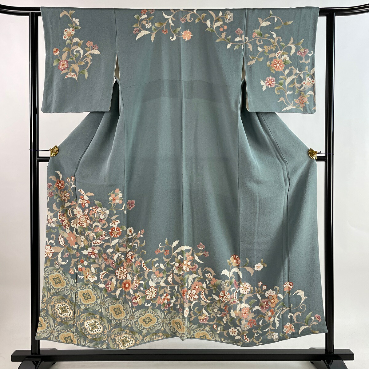 紗袷♢無双♢訪問着♢身丈162cm♢紗×縦絽♢紺ネイビー♢花文♢透け感 