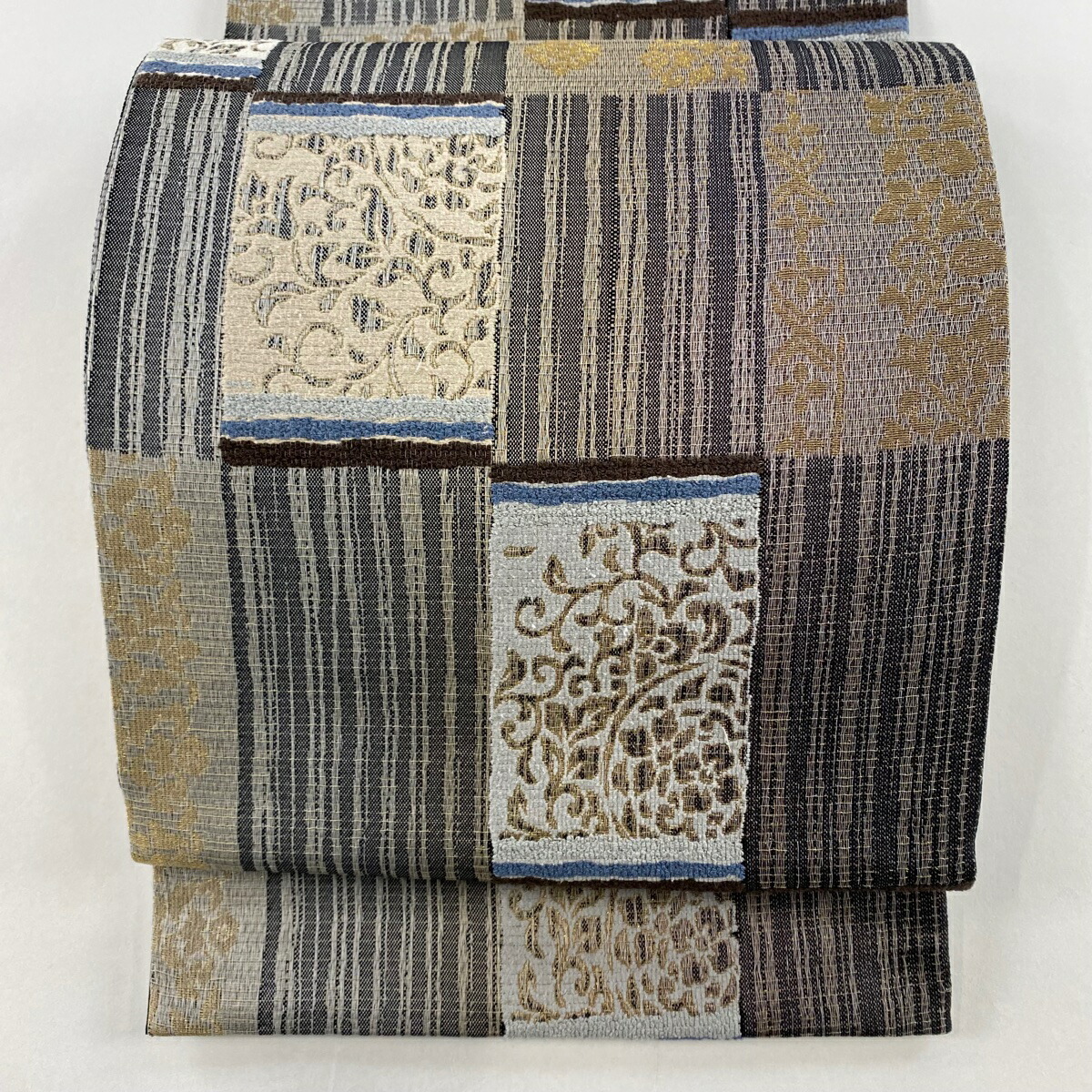 正絹　六通袋帯【花唐草　黒】No2699 袋帯 美品 秀品 花 花唐草 金銀糸 箔 黒 六通 正絹 【中古】