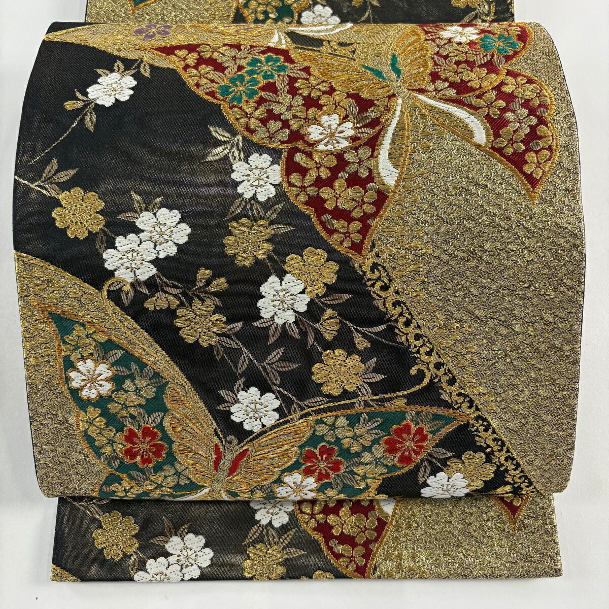 楽天市場】袋帯 秀品 蝶 桜 箔 金糸 黒 六通 正絹 【中古