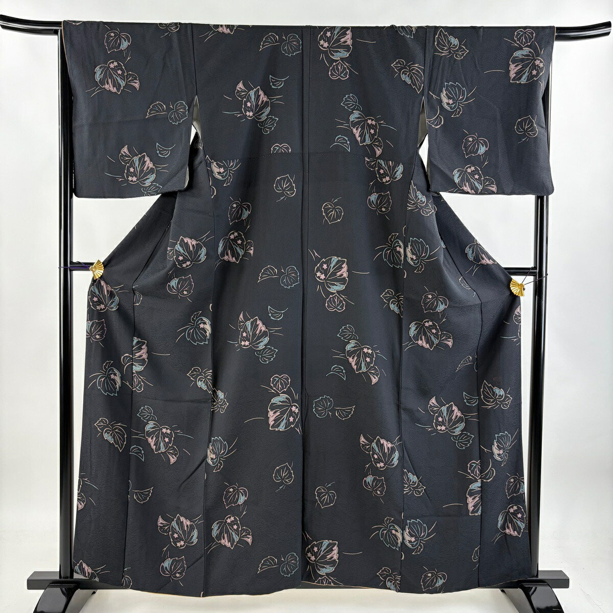 小紋 身丈158cm 裄丈64.5cm M 袷 市松 小花 青灰色 正絹 美品