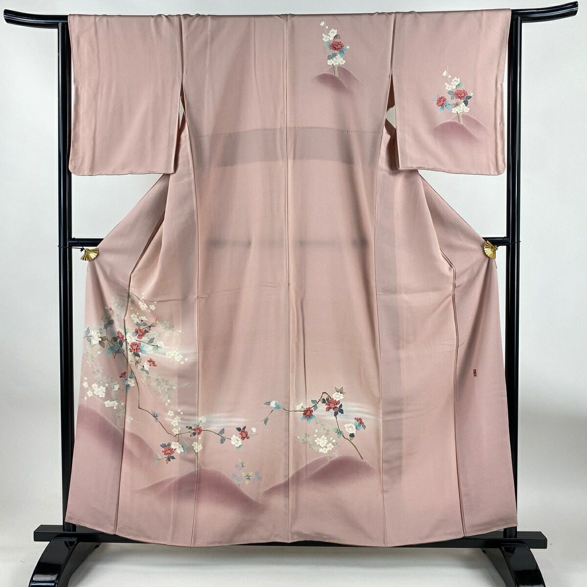 訪問着 身丈167cm 裄丈66cm M 袷 枝花 金糸 刺繍 茶緑色 正絹 名品 