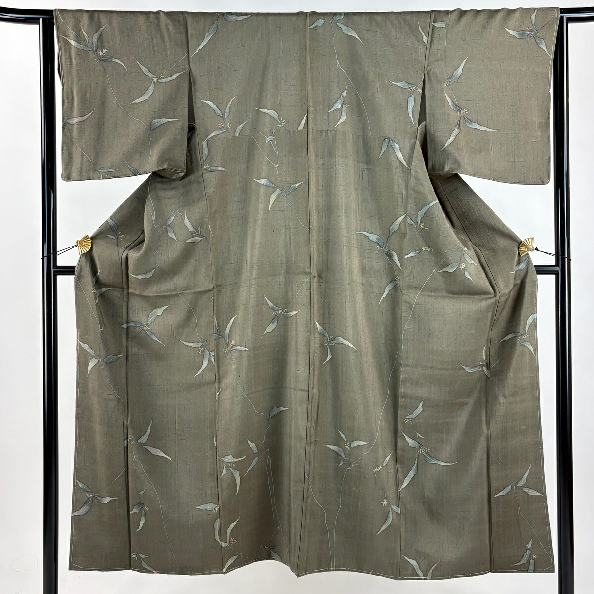 【在庫一掃】 小紋 身丈150.5cm 裄丈63cm S 袷 生紬地 草花 茶緑色 正絹 逸品 【中古】 8,055円