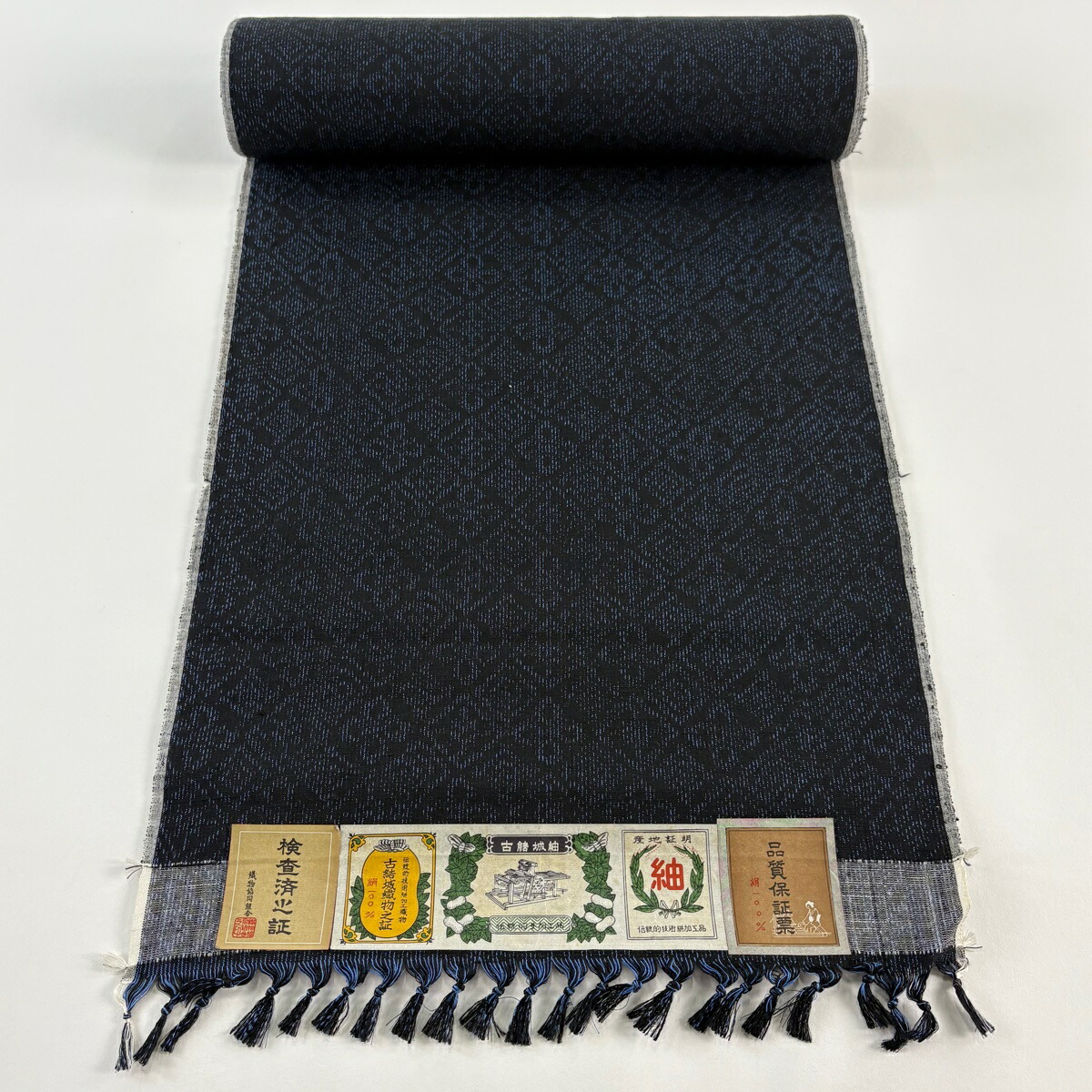 楽天市場】反物 秀品 紬 証紙 みやま紬 幾何学模様 墨色 正絹 【中古