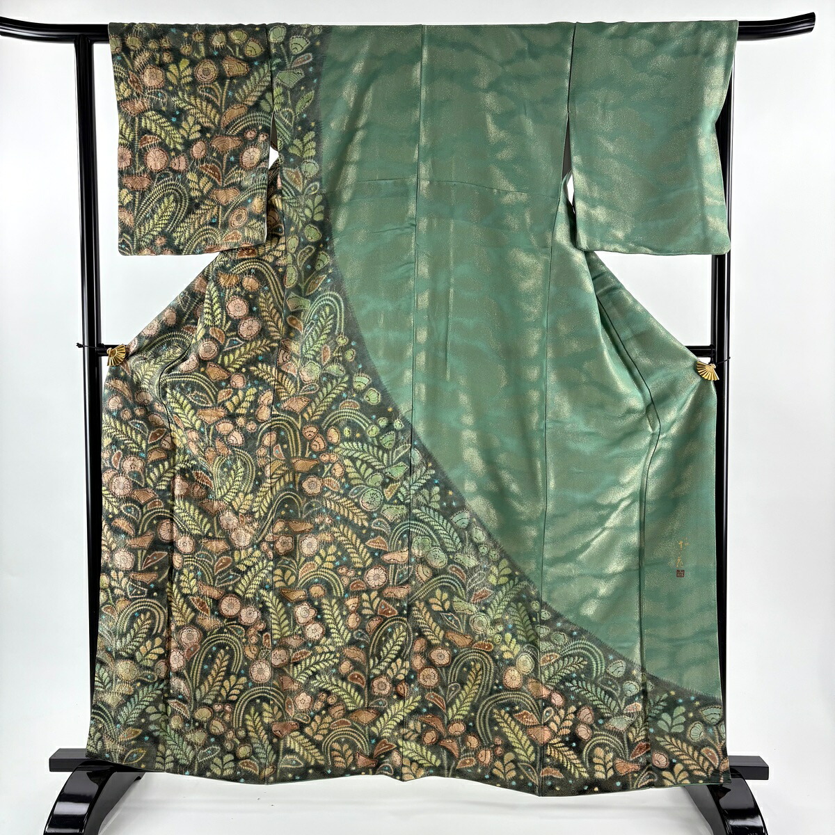 【在庫一掃】 訪問着 身丈162.5cm 裄丈63cm S 袷 落款あり 辻が花 金通し 深緑 正絹 逸品 【中古】