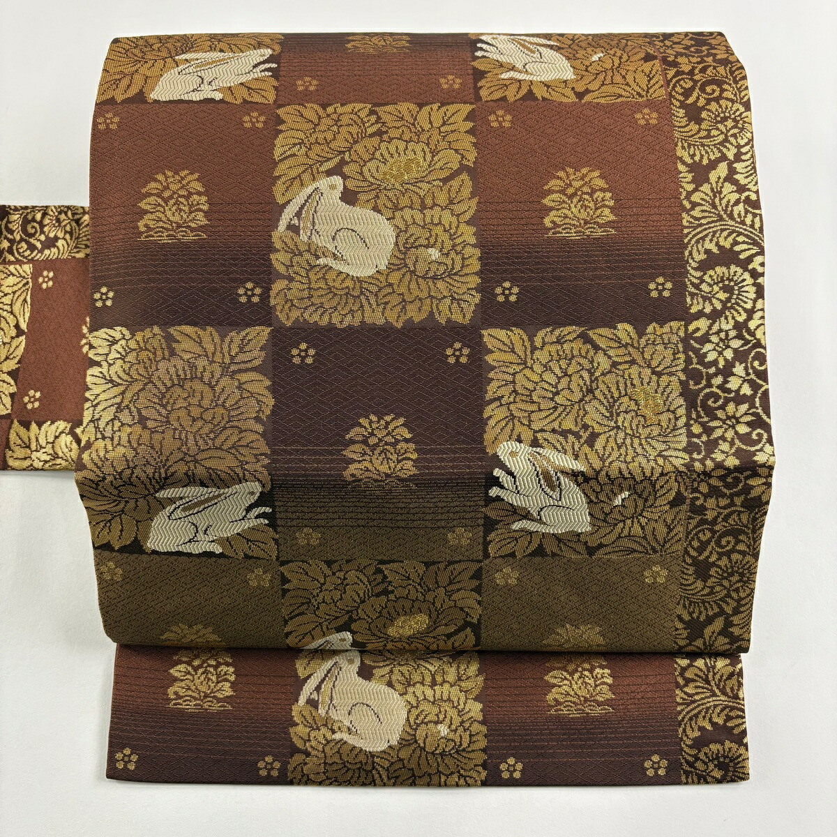 【在庫一掃】 【美品】 名古屋帯 逸品 うさぎ 市松 箔 金糸 茶紫 正絹 【中古】