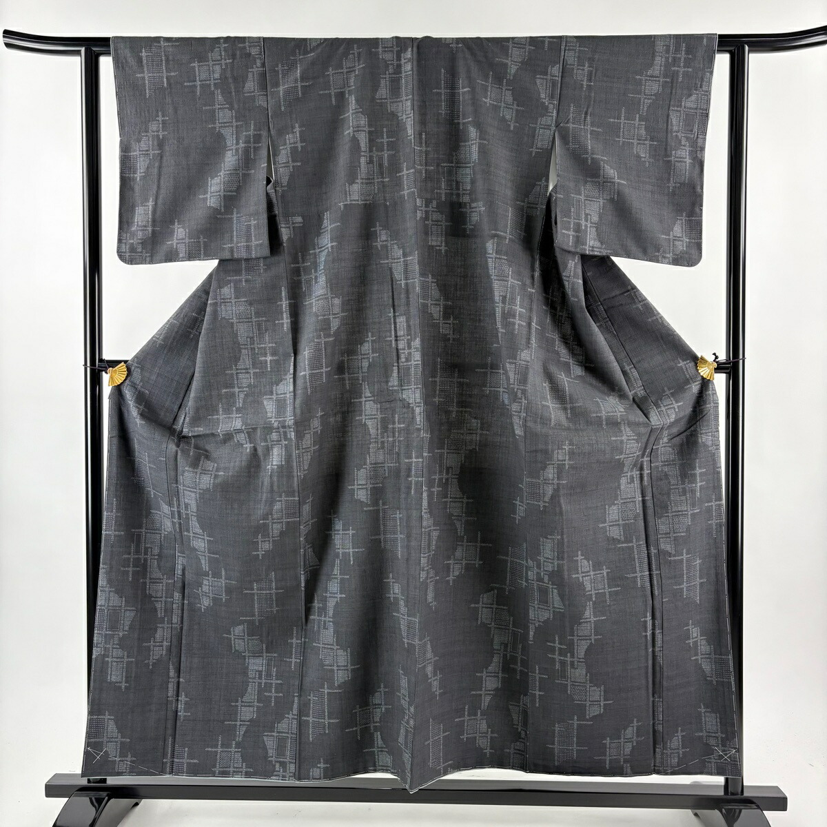 【在庫一掃】 【美品】 結城紬 身丈157cm 裄丈60.5cm S 袷 本場結城紬 奥順 証紙あり 亀甲絣 格子 深緑 正絹 逸品 【中古】