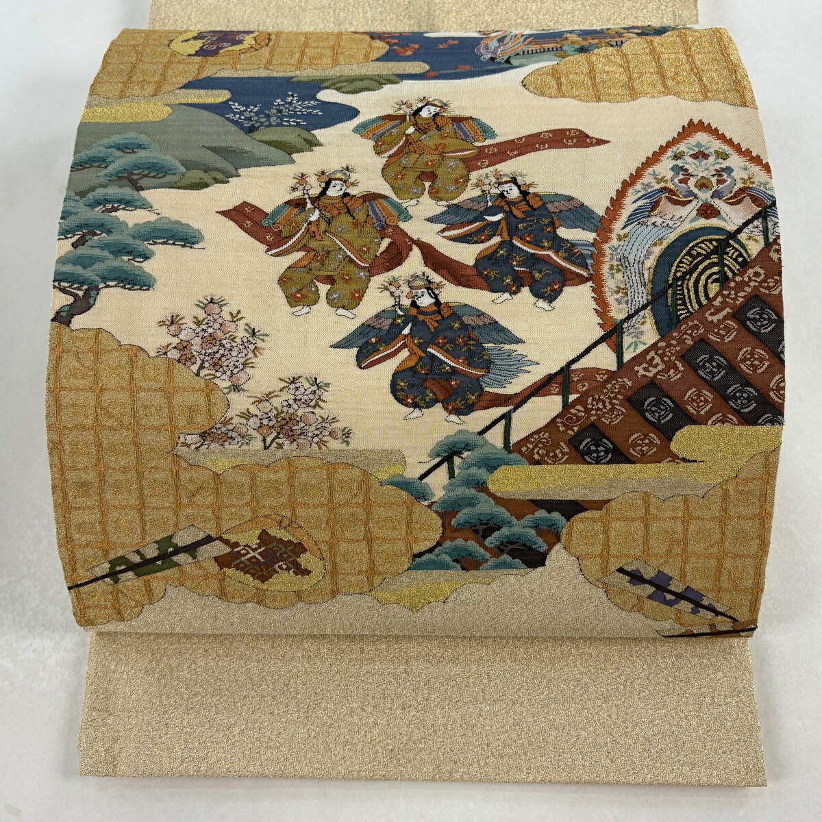 【在庫一掃】 袋帯 逸品 綴れ 人物 雲文 金糸 ベージュ お太鼓柄 正絹 【中古】