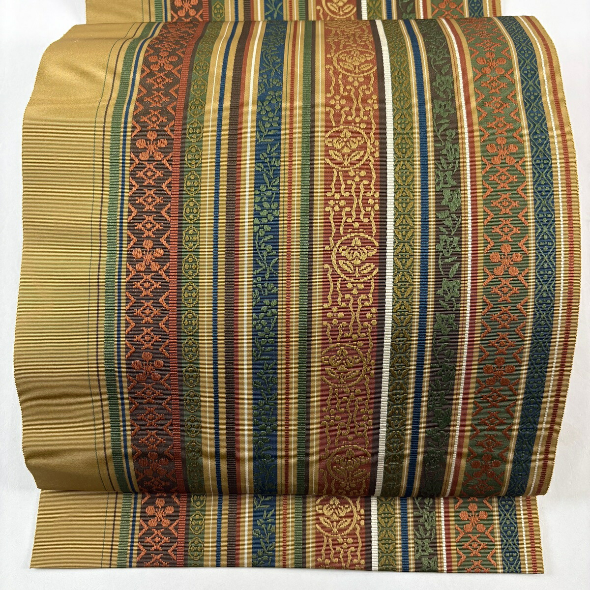 【美品】 名古屋帯 秀品 松葉仕立て 八寸名古屋帯 縞 鉢梅 山吹茶色 正絹 【中古】
