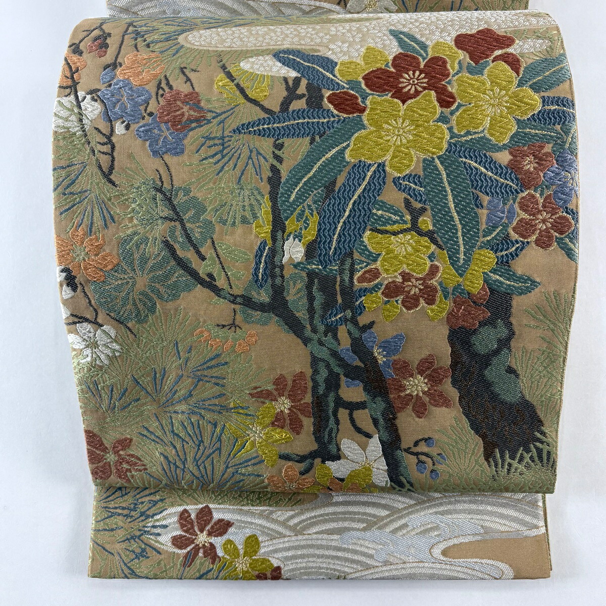 袋帯 名品 草花 霞 唐織 金糸 茶色 六通 正絹 【中古】