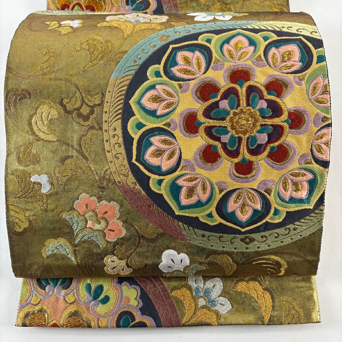 袋帯 名品 華文 草花 刺繍 金銀糸 金色 六通 正絹 【中古】