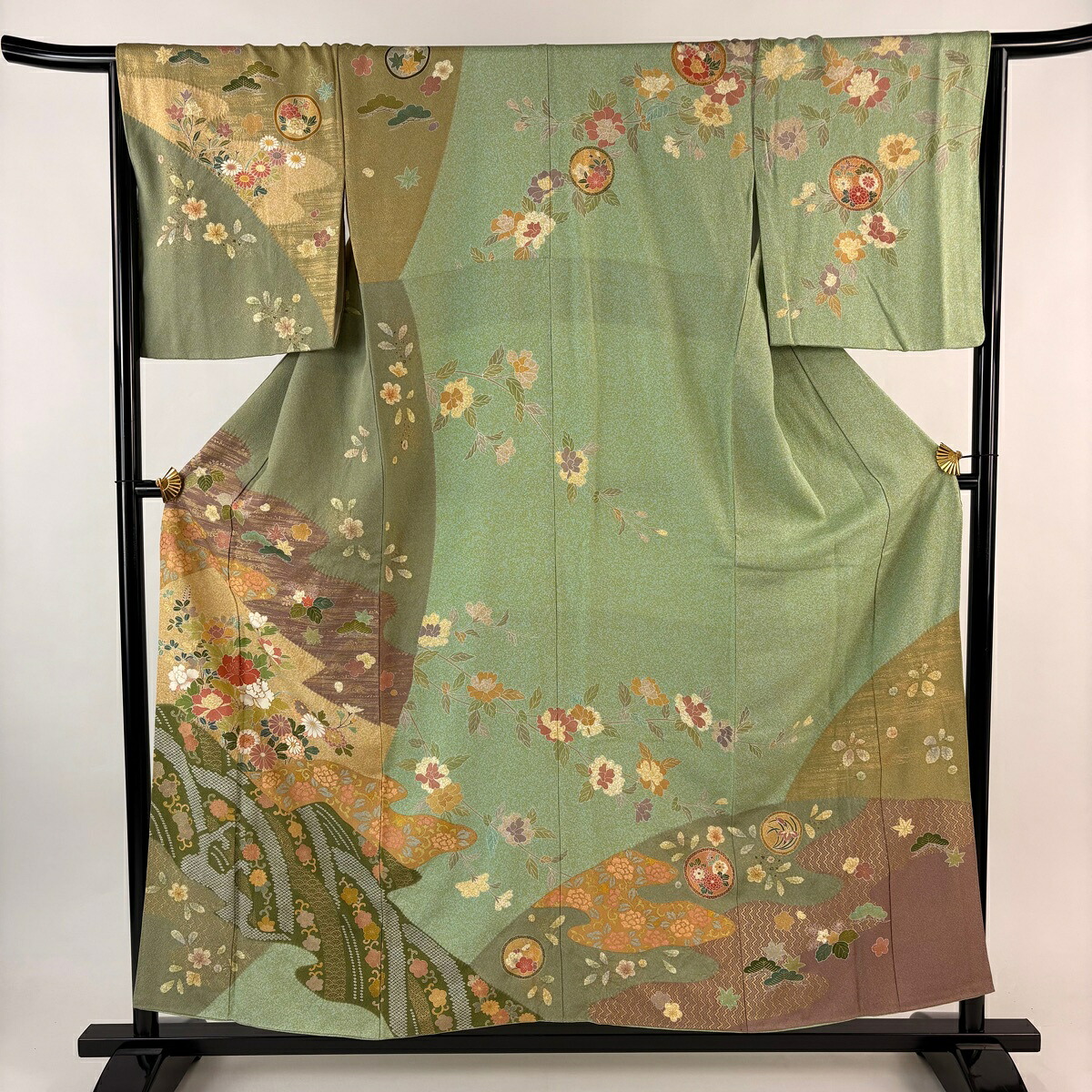 訪問着 身丈154cm 裄丈64.5cm M 袷 牡丹 菊 金糸 金彩 薄緑 正絹 名品 【中古】