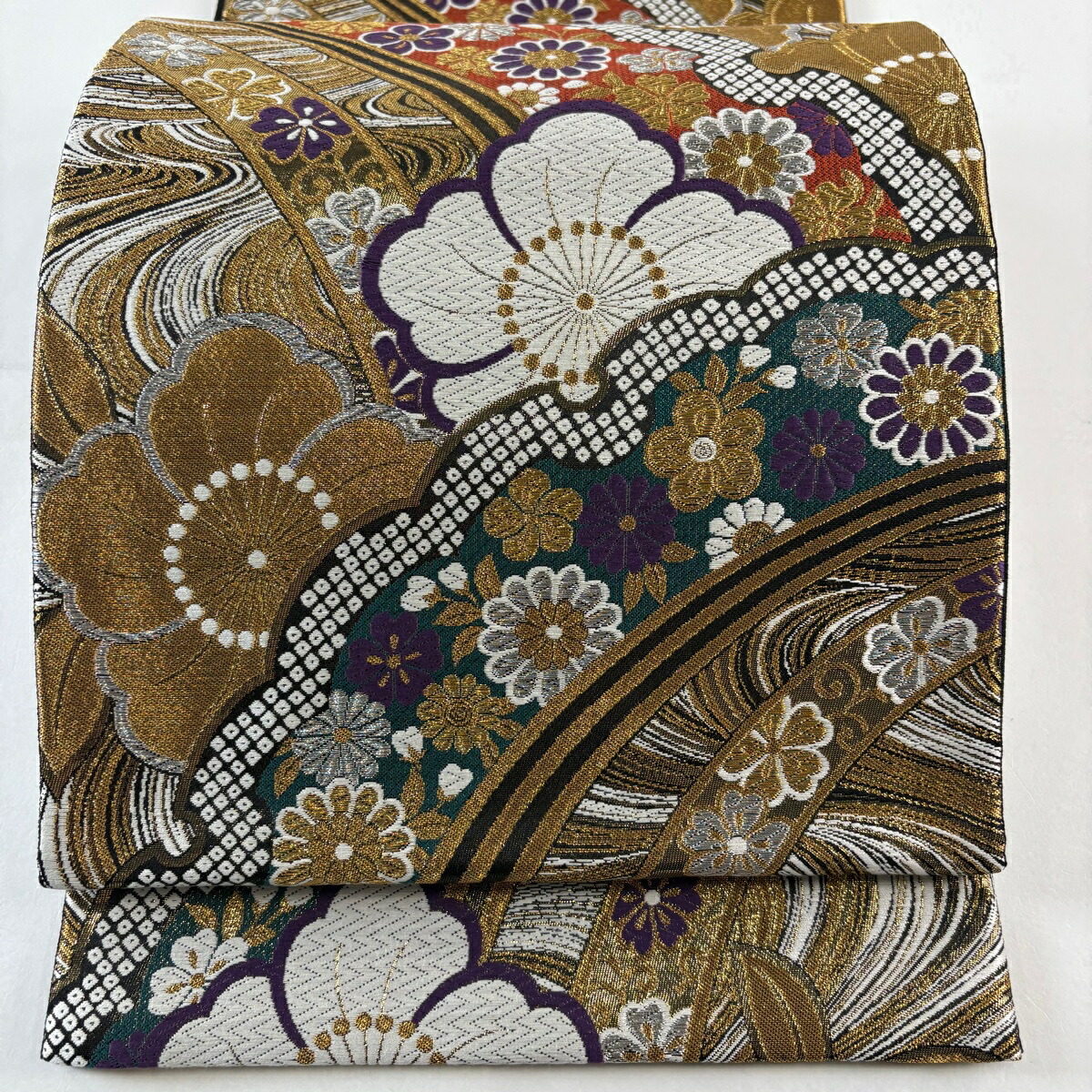 袋帯 美品 名品 兆寿尽くし 花 箔 金銀糸 灰紫 六通 正絹 【中古 