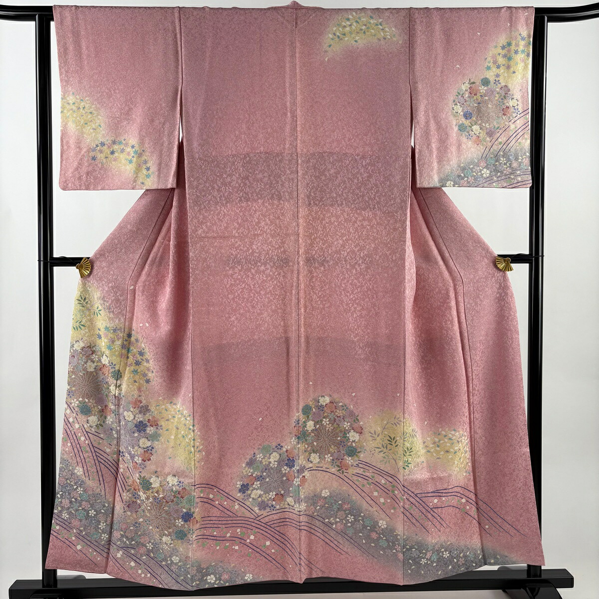 訪問着 身丈153cm 裄丈63cm S 袷 桜 波 金糸 金通し ピンク 正絹 名品 【中古】